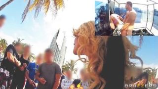 Godlike platinum Alexis Monroe is stretched by an amazing sex toy in public place