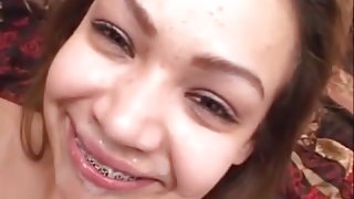 Brace-face with pancake titties receives nice facial