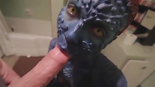 Mystique cosplayer gives blowjob