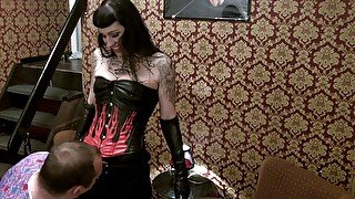 Strap on fuck by the mistress with the leathergloves