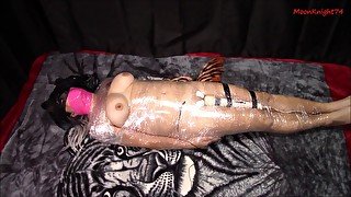 Mummified with electro and a vibrator struggling to orgasm