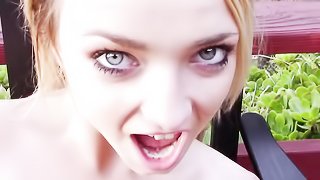 Grey eyed blonde in pink top blowing dude outdoors and then let him drill her pussy and cum on her ass