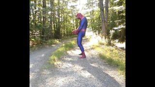 outdoor spiderman with exposed cock