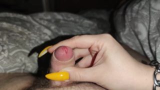 His little cock gets a long yellow nails handjob with cumblast to the lens *cum eruption*