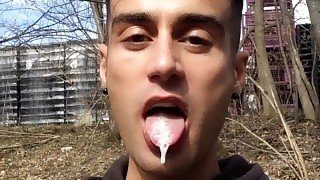 Chewing and swallowing own cum public