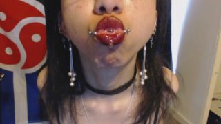 Goth with Red Lipstick Drools a Lot and Blows Spit Bubbles - Spit Fetish