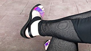 My new shiny sandals and toes tease outdoor