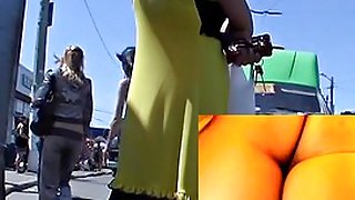 Yellow summer costume upskirt in bus