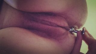 Hairy bbw inserts buttplug while farting and moaning