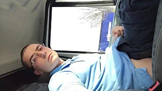 Cute guy cums in his work truck in a public parking lot