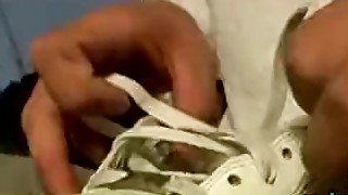 Thug twink Ajax shows off shoes before masturbation cumshot