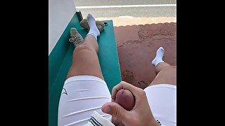 jerking at busstop with cars driving by and caught when cumming