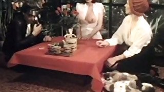 Busty brunette tramp in hat Desiree Cousteau gets her hairy pussy tickled by horny couple