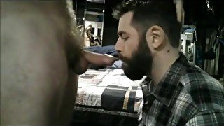 Bearded guy gets face fucked by big curved cock and swallows all the cum.