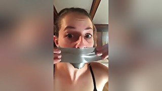 Cute Brunette Duct Tape Self Gag