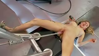 Busty Blonde Warms Her Pussy with a Vibrator Before Machine Fucking