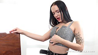 Pissing brunette Sasha Sparrow is dildo fucking wet snatch