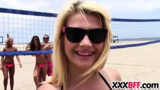 Sexy teen fiends share a cock outdoor