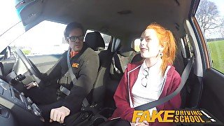 Ella Hughes, the cute redhead, fucks and eats instructor's cum in fake driving school