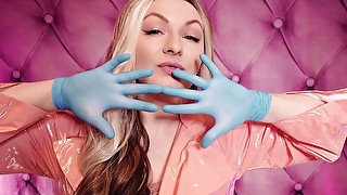 ASMR: blue nitrile gloves fetish - hot sounding - MILF in pink PVC coat (Arya Grander)