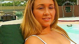 Flirty teen with big boobs swallows cum after giving a blowjob poolside