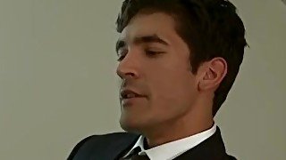 Suited big hunks blow a lucky guy sloppily until he can cum