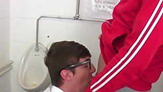 Nerdy twink fucked in public restroom after oral exchange