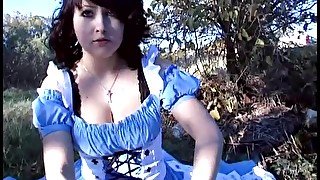 Busty brunette girlfriend dresses up and gets fucked outdooors