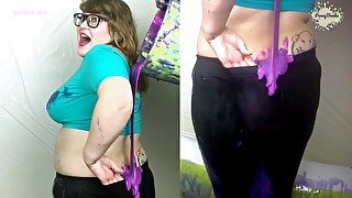 Filling my shiny black wetlook leggings with thick gunge! FULL