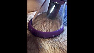 Pumping my pretty hairy pussy and using my clit licker on my roommates bed