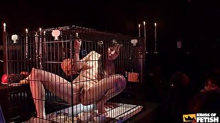 Japanese babe in cage eats and pisses in front of more guys