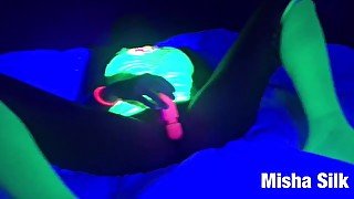 Dark, spooky, black light, milf bj and cunnilingus and doggy-style female orgasm