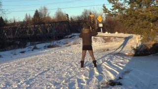 Miniskirt, boots, black pantyhose in the winter time!