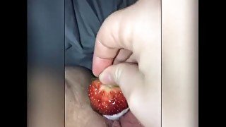 teen fucks strawberry with cute little pussy and cums all over it