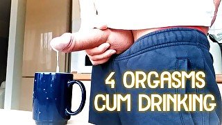 4 orgasms filling cup with cum and cum drinking