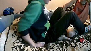 Two twinks are having fun in bedroom and both cum