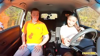 Slender busty brunette Sanny Luke fucked on the backseat