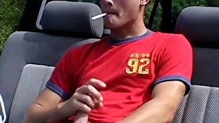 Lusty twink fuckers masturbate together and smoke outdoors