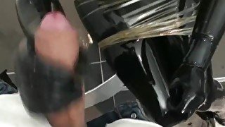 Two Rubber Layers Black And Transparent Latex Catsuit Blowjob And Pissing