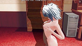 3D hentai neko is on her knees and rubs cock with tits