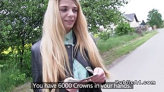 Huge clit Euro blonde fucks outdoor pov