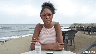 Ebony babe Luna Corazon fucked in the outdoors by a large white dick