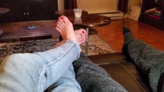 Happy Valentine's Day, sexy feet and jeans, red polish and toe rings