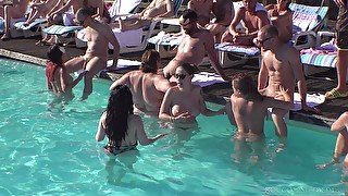 Large sex party in the pool with cum loving slut Malena. HD