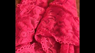 Bbw granny with red bra and panty takes them off