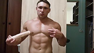 Muscle bottom plays with dildo anal and blowjob