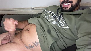 Bearded big cock jerking off and smearing himself with cum