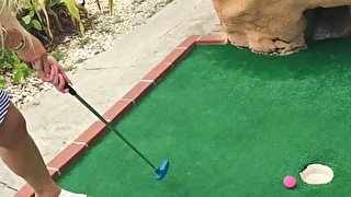 Public Exposed Hot blonde playing PUTT PUTT