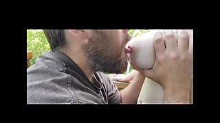 Sucking on my big natural tits outside, enjoying morning foreplay