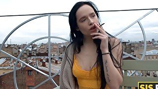 Instead of smoking cigarette brunette has sex with a bf